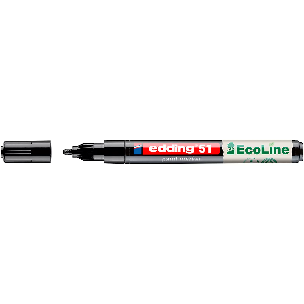 Ein schwarzer Edding-Paintmarker mit geöffneter Kappe. Auf dem Stift steht "edding 51 paint marker" und "Ecoline".