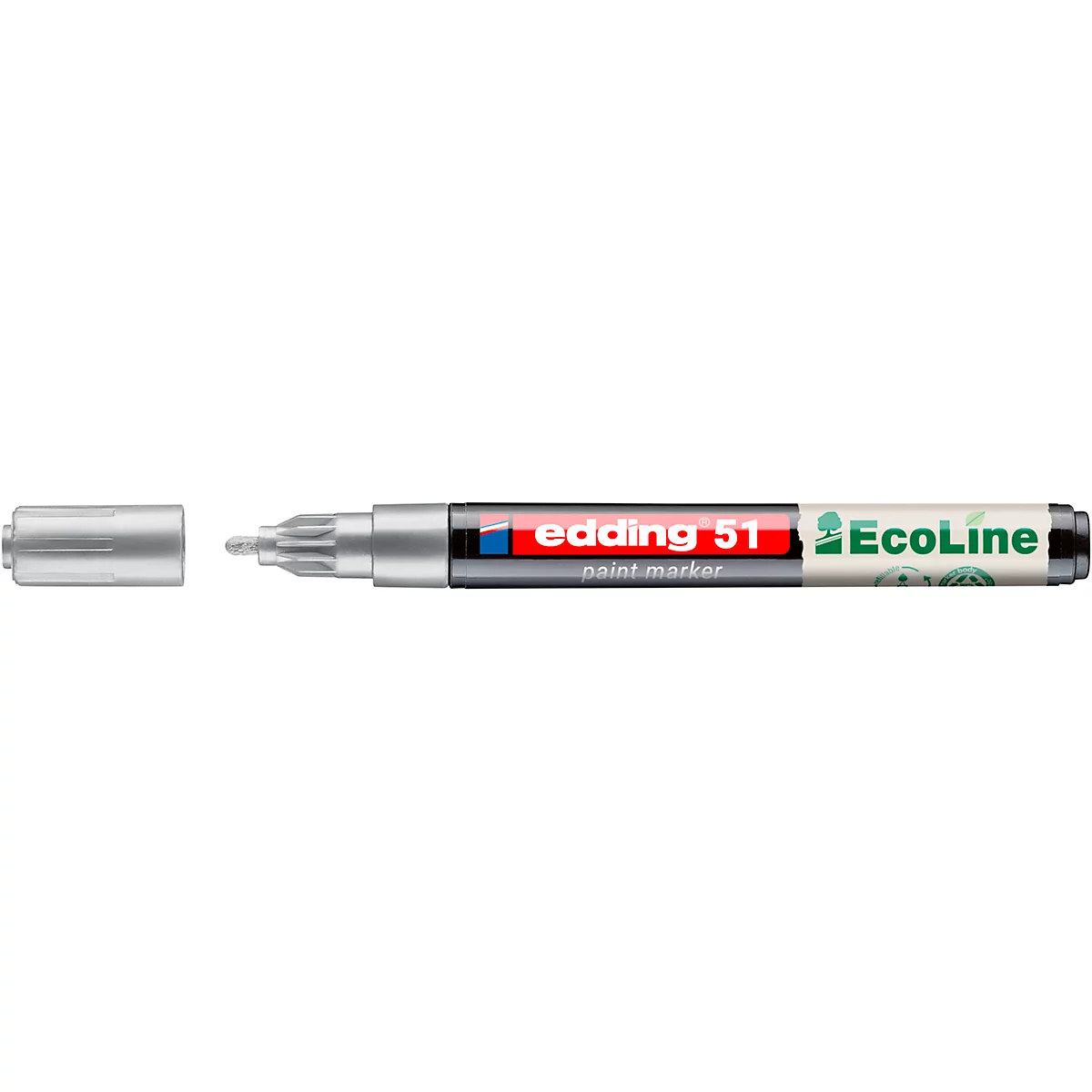 Nahaufnahme einer Hand, die einen Edding 51 Filzstift verwendet, um einen Metallgegenstand zu markieren. Auf dem Stift steht 'Edding 51' und 'EcoLine'.