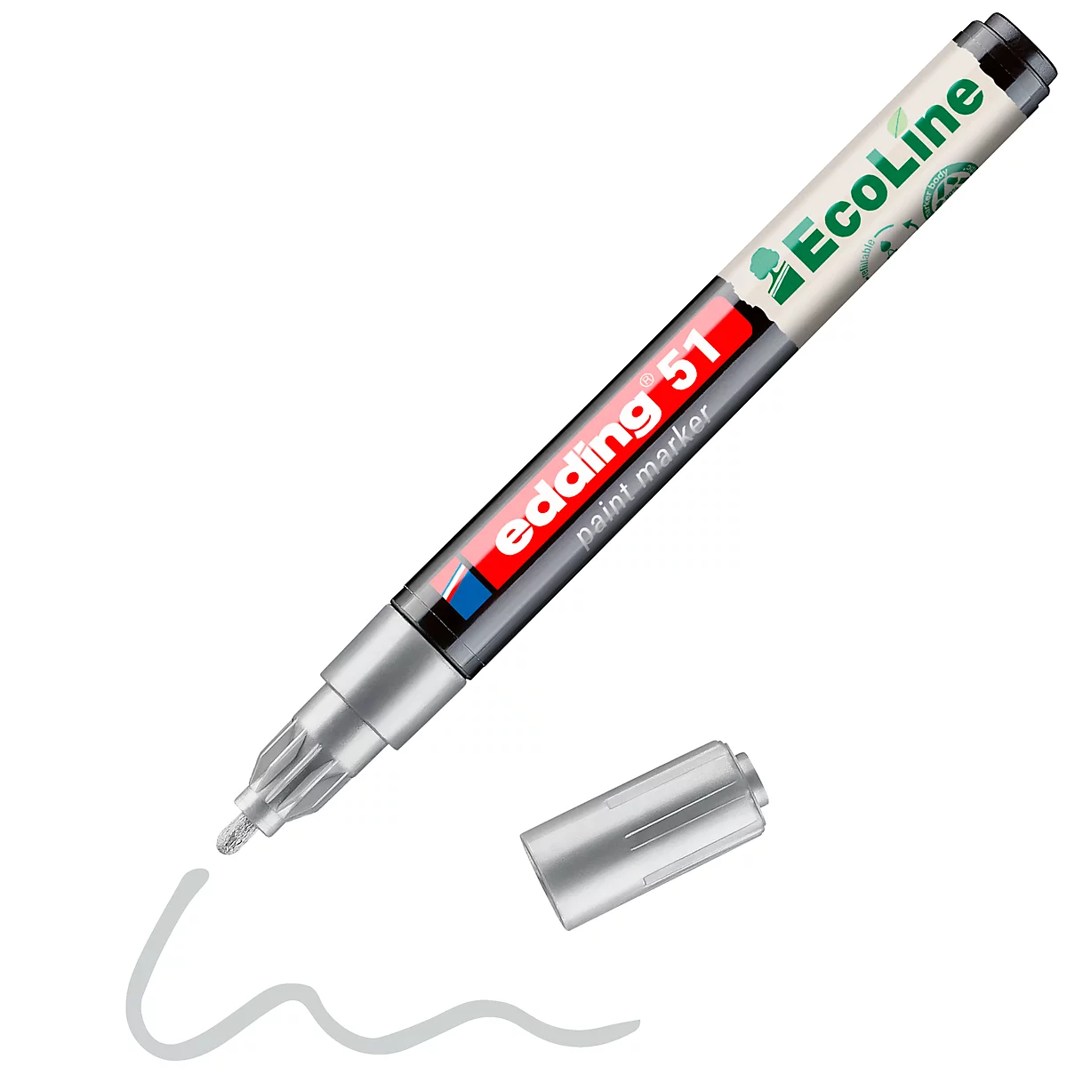 Ein silberner Edding-Marker mit offener Kappe und einer geschwungenen weißen Linie, die er gezogen hat.