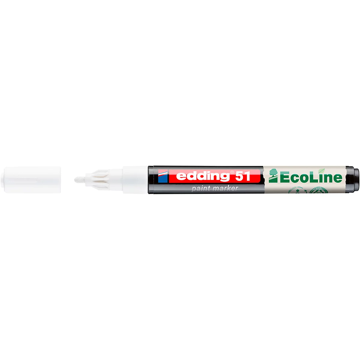 Nahaufnahme eines weißen Edding-Paint-Markers. Der Stift trägt die Aufschrift "edding 51" und "Ecoline".