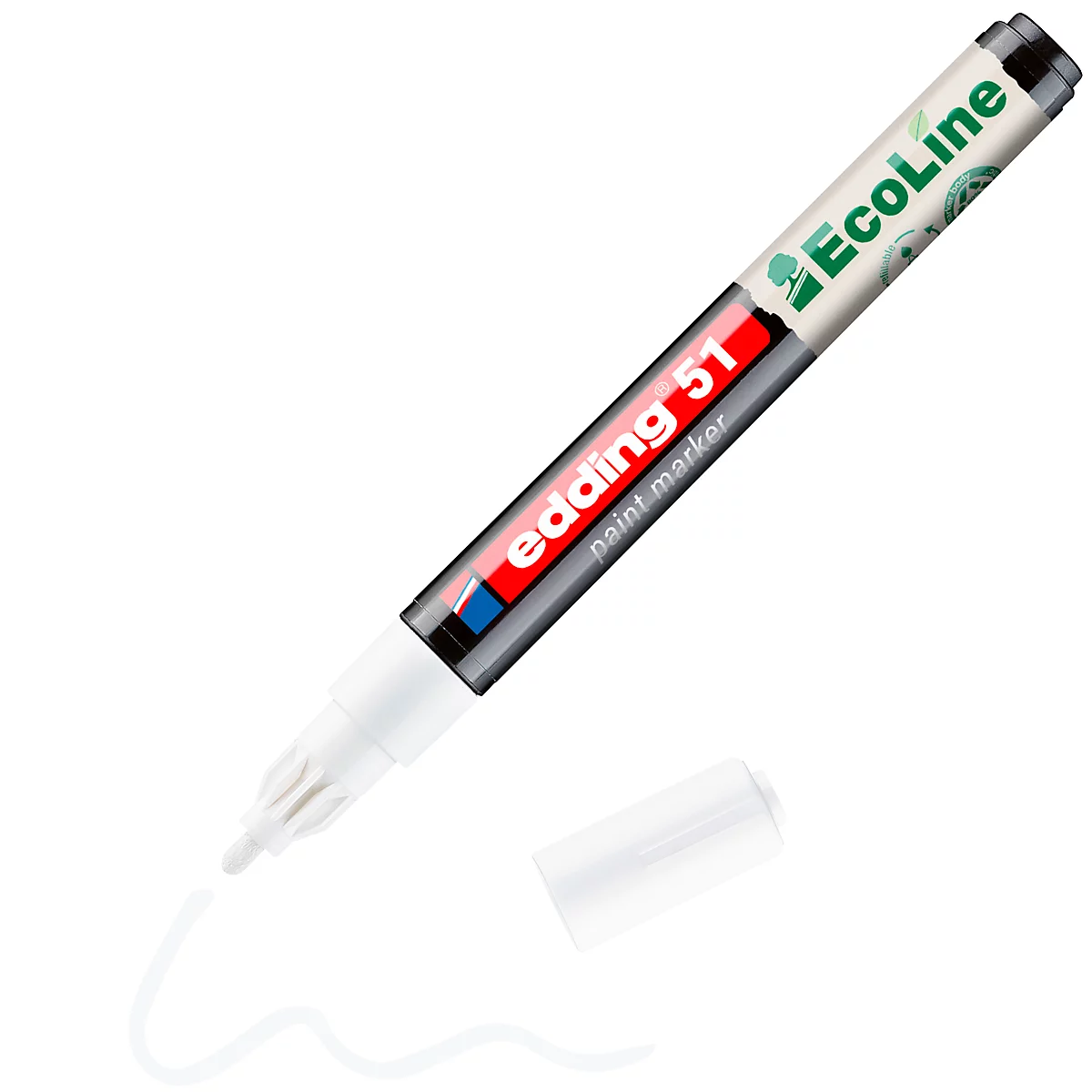 Weißer Edding 51 Paint Marker mit Kappe und Strich auf weißem Hintergrund. Beschriftung: Edding 51 paint marker, Ecoline.