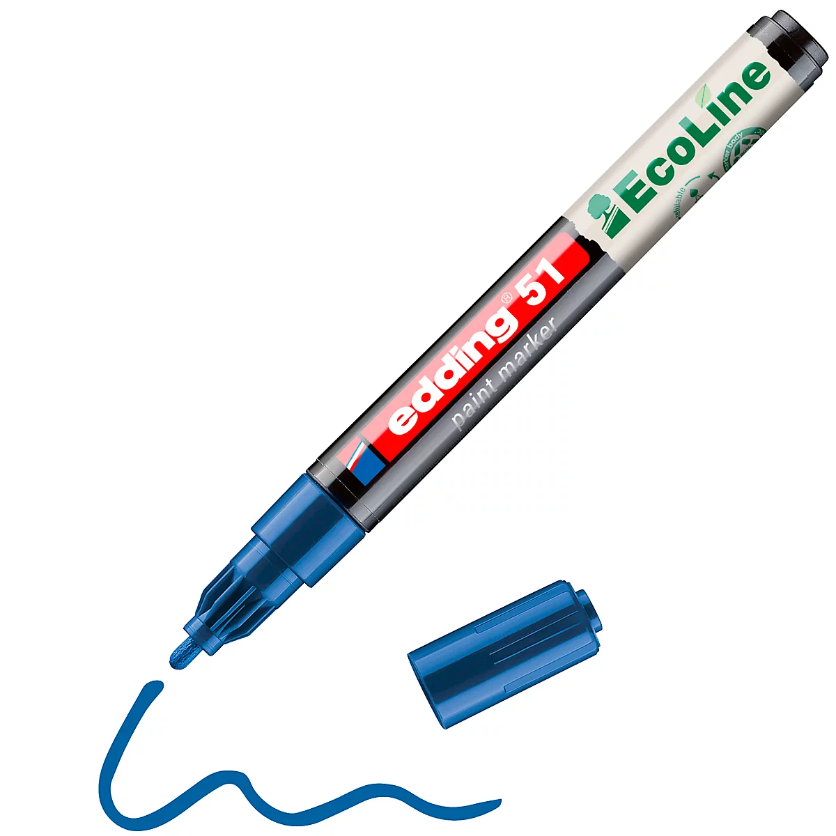Blauer Edding-Filzstift mit aufgeschraubter Kappe und Farbstrich. Aufschrift: edding 51, Ecoline.