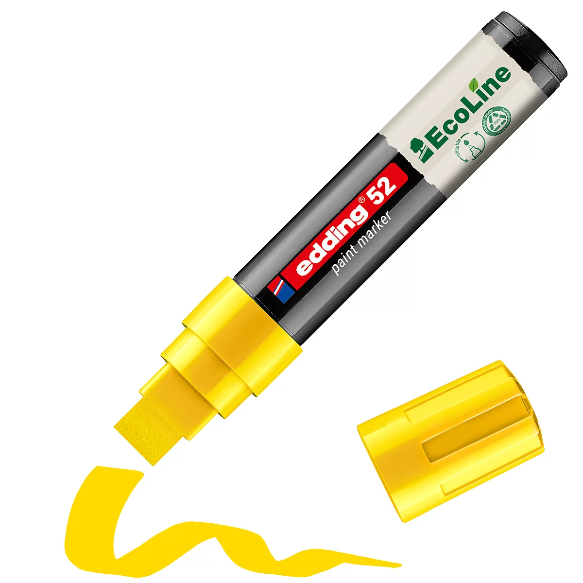 Gelber Edding 52 Paint Marker mit abgezogener Kappe, darunter ein Farbfleck.