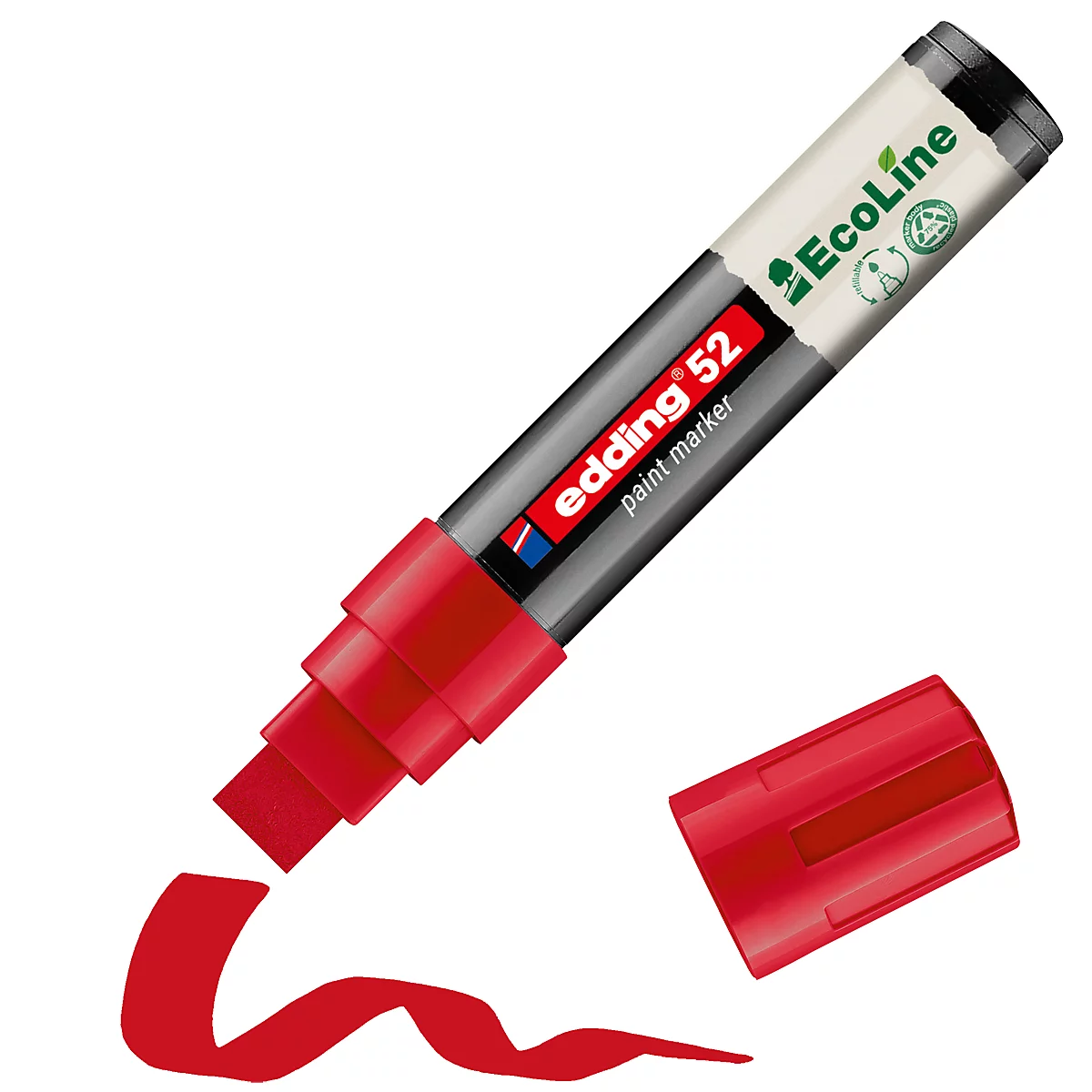 Ein roter Edding 52 Paint Marker mit geöffneter Kappe. Der Marker zieht eine rote Linie.