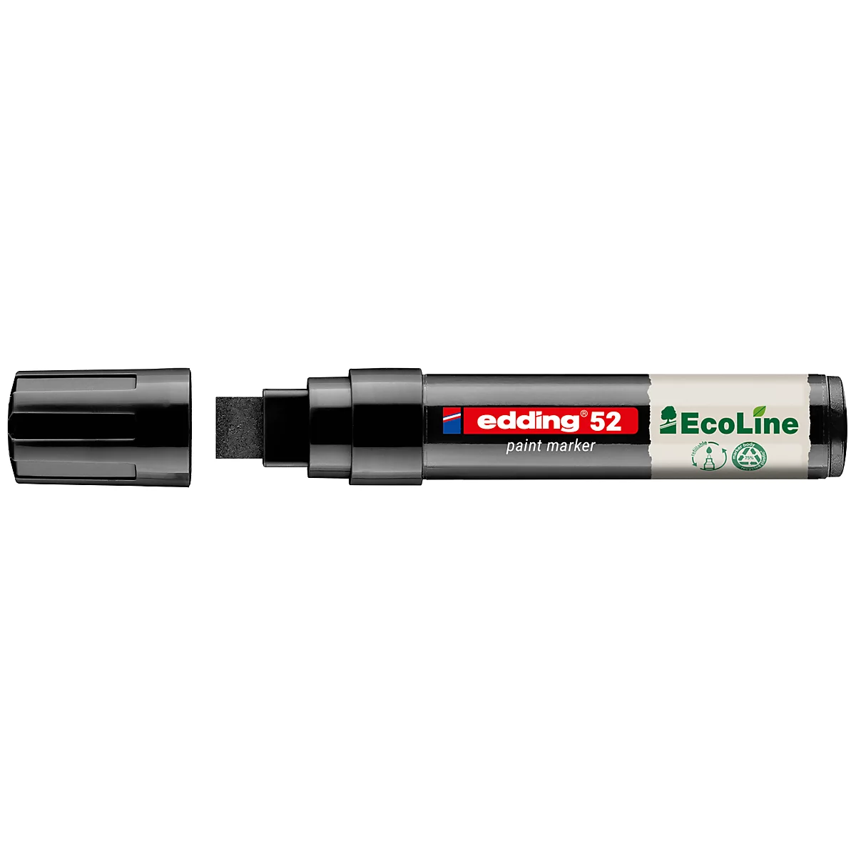 Schwarzer Edding 52 Ecoline Paint Marker, Kappe daneben, Stiftspitze quadratisch.
