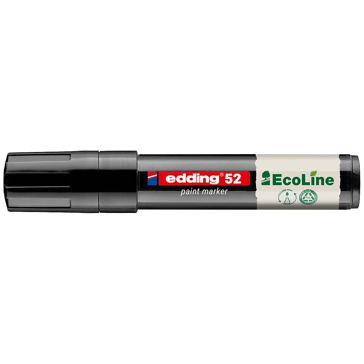 Ein schwarzer Edding 52 Ecoline-Marker. Aufschrift in Rot und Weiß. Mit Recycling-Logo.