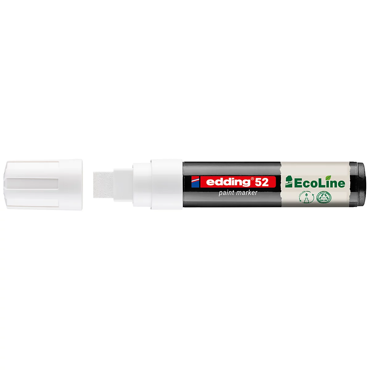 Weißer Edding 52 Ecoline Paint Marker mit offener Kappe, Details der Produktinformation sind lesbar.