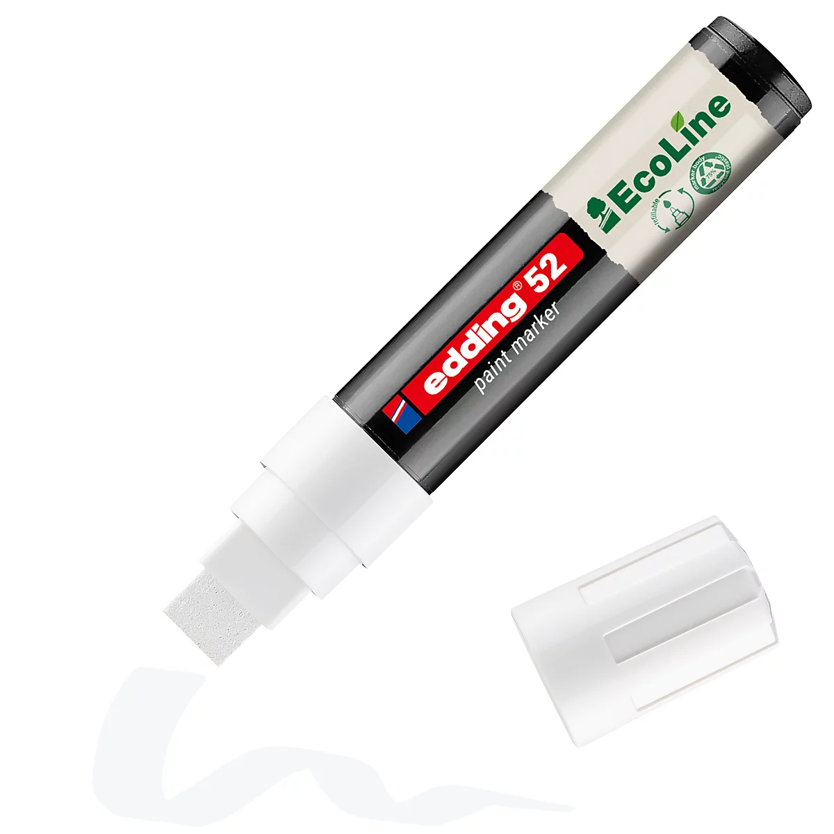 Weißer Edding-Paintmarker, Kappe daneben. Aufschrift: "Edding 52 paint marker" und "EcoLine".