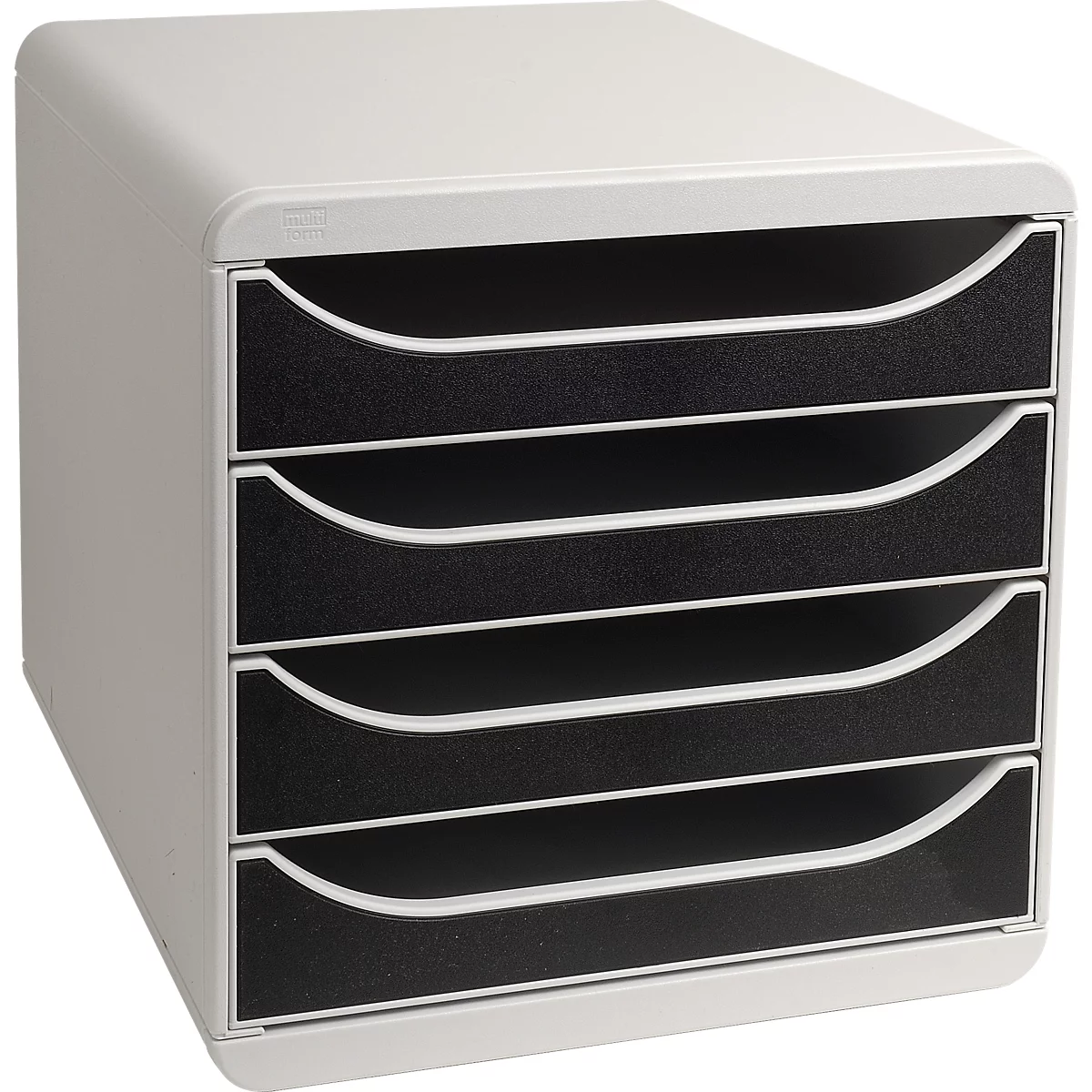 Lichtgrijze brievenbak met 4 zwarte lades. De handvatten zijn wit. Eenvoudig ontwerp.