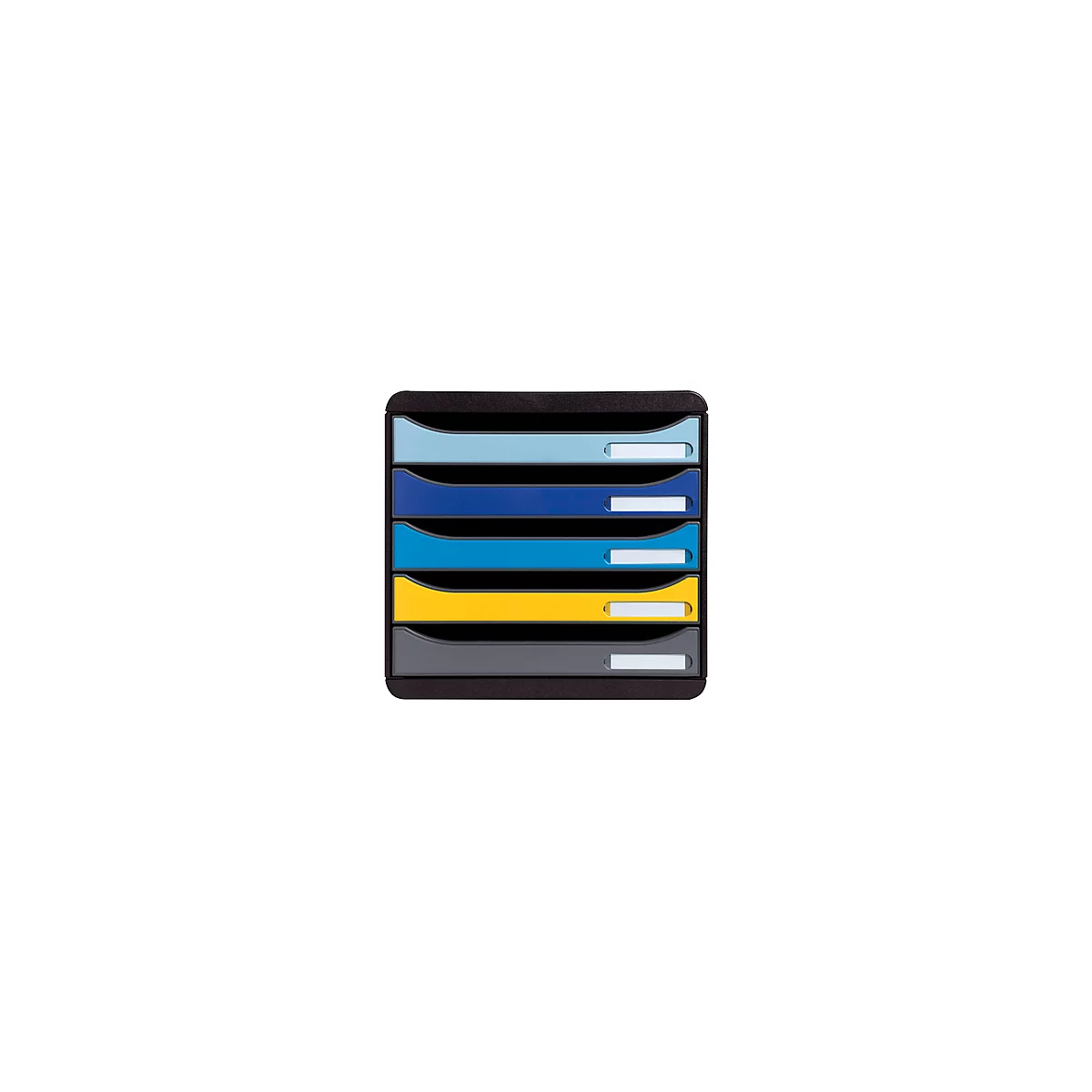 Zwarte documentenorganizer met vijf gekleurde lades: lichtblauw, blauw, turquoise, geel, grijs.