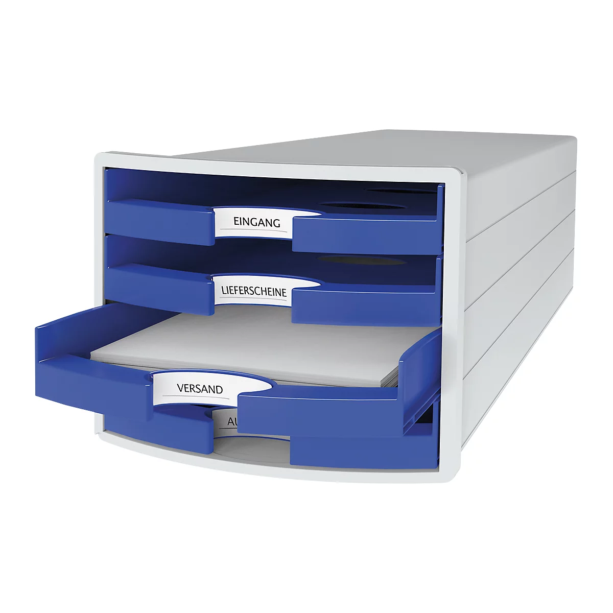 Ladebox HAN Impuls 2.0, 4 schuifladen, A4-formaat, stapelbaar, open, grijs/blauw