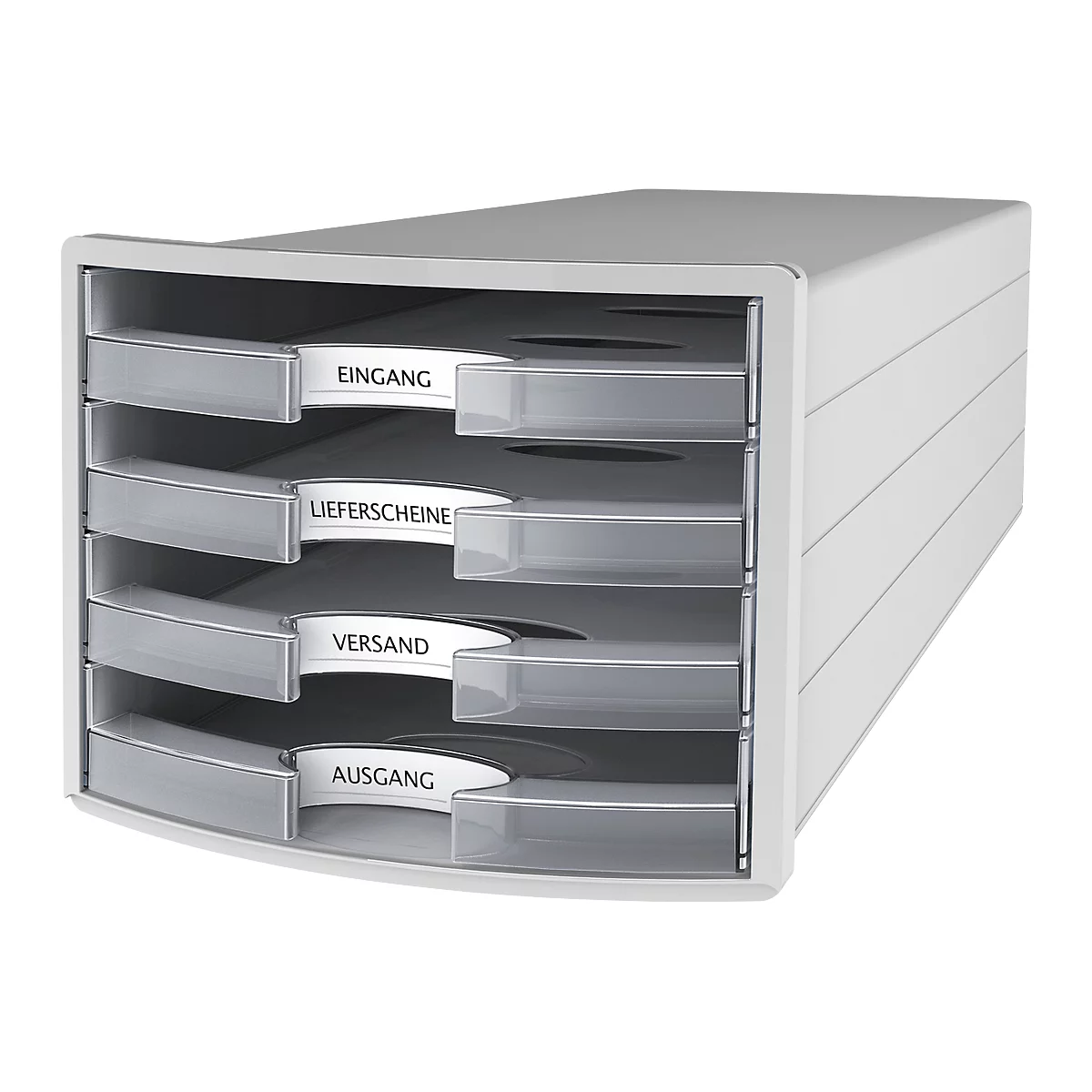 Ladebox HAN Impuls 2.0, 4 schuifladen, A4-formaat, stapelbaar, open, grijs/transparant-helder