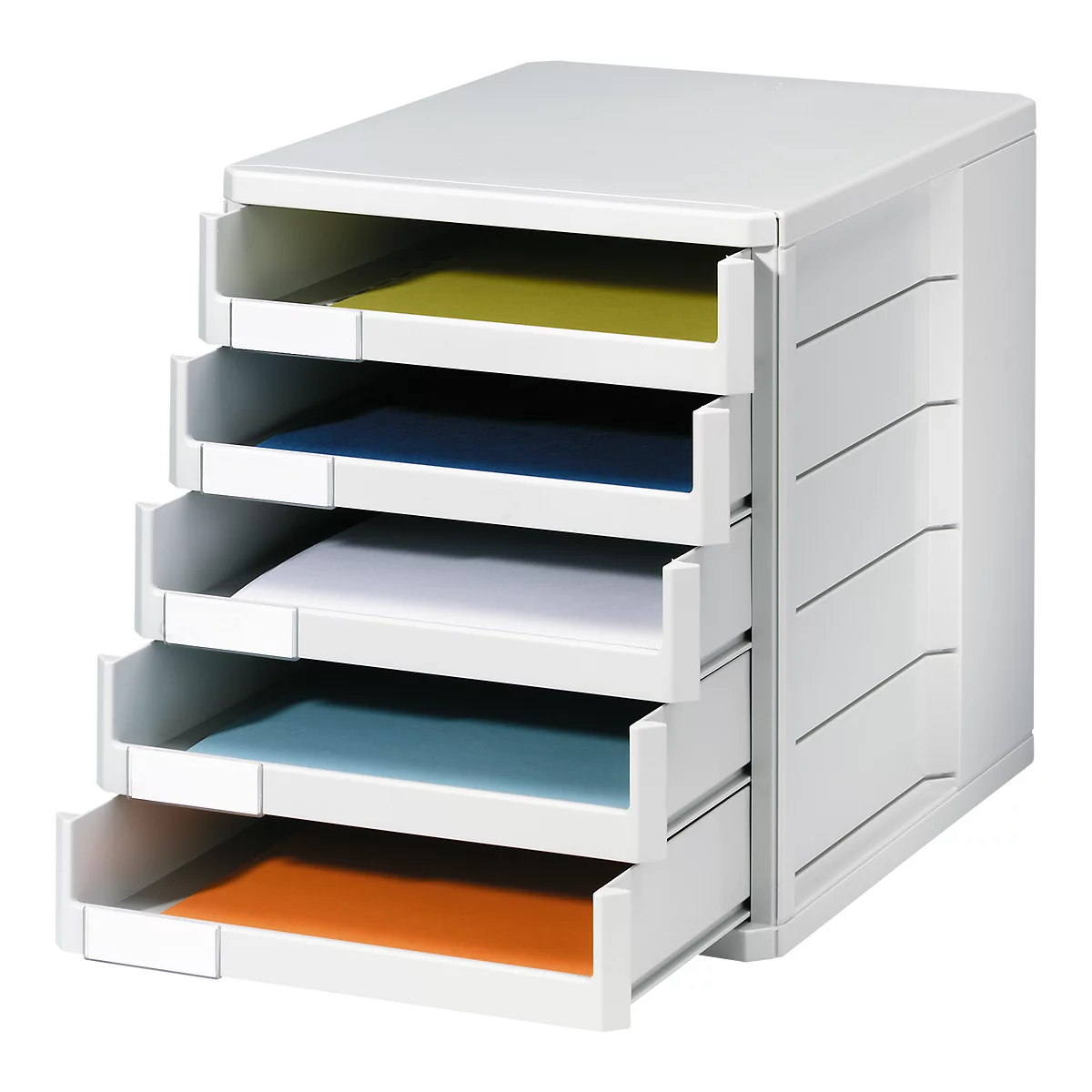 Witte kantoor papiertoren met vijf laden met gekleurde bodems, staand op een witte achtergrond.