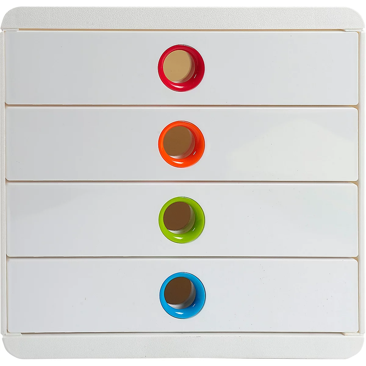 Wit ladesysteem met vier laden. Elke lade heeft een gekleurde knop: rood, oranje, groen, blauw.