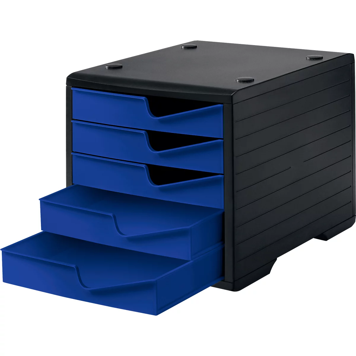 Ladebox styro® styroswing , 5 laden, uittrekstop &amp; verzonken greep, stapelbaar, B 270 x D 340 x H 255 mm, polystyreen, zwart-blauw