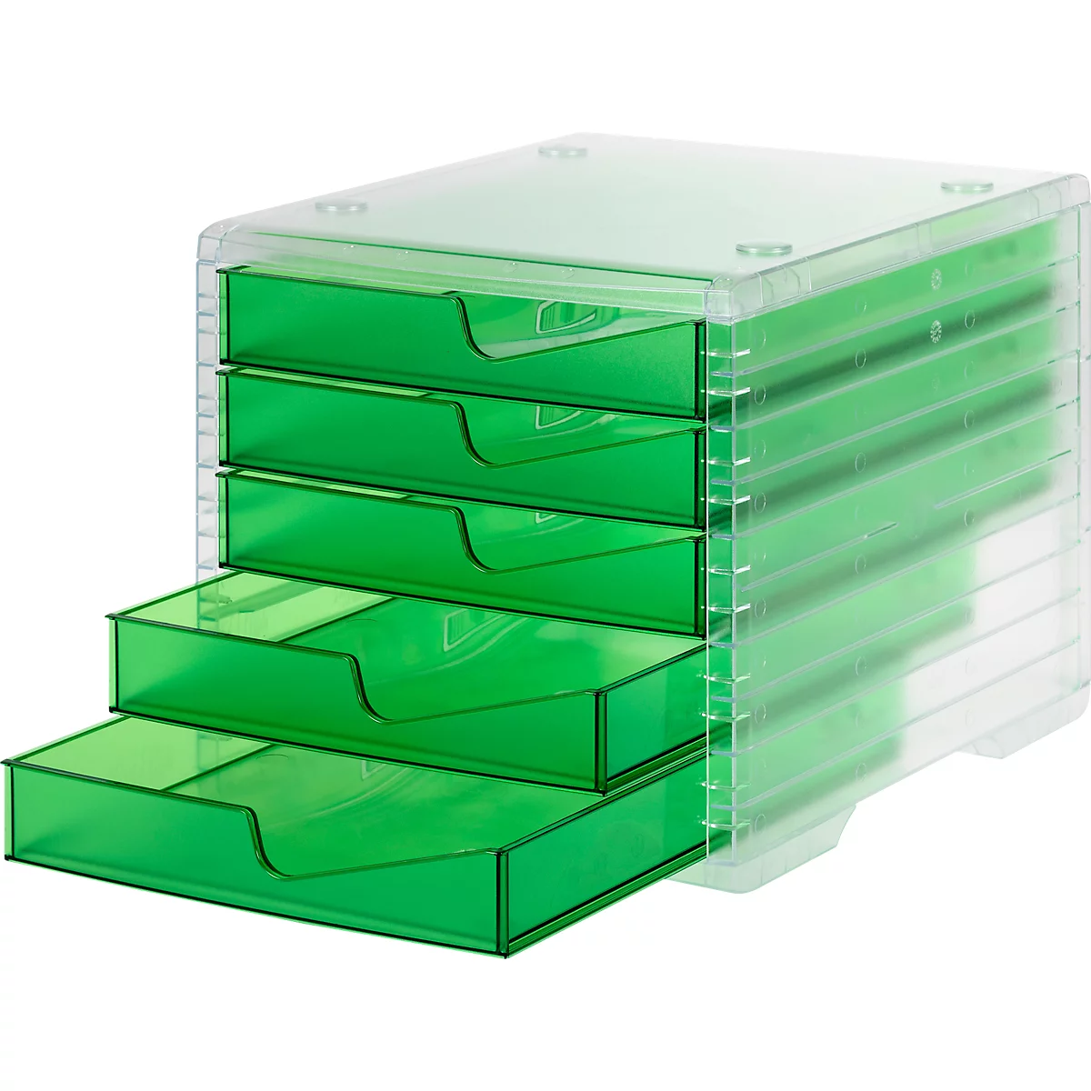 Ladebox styro® styroswing light, 5 laden, uittrekstop &amp; verzonken greep, stapelbaar, B 270 x D 340 x H 255 mm, polystyreen, transparant groen