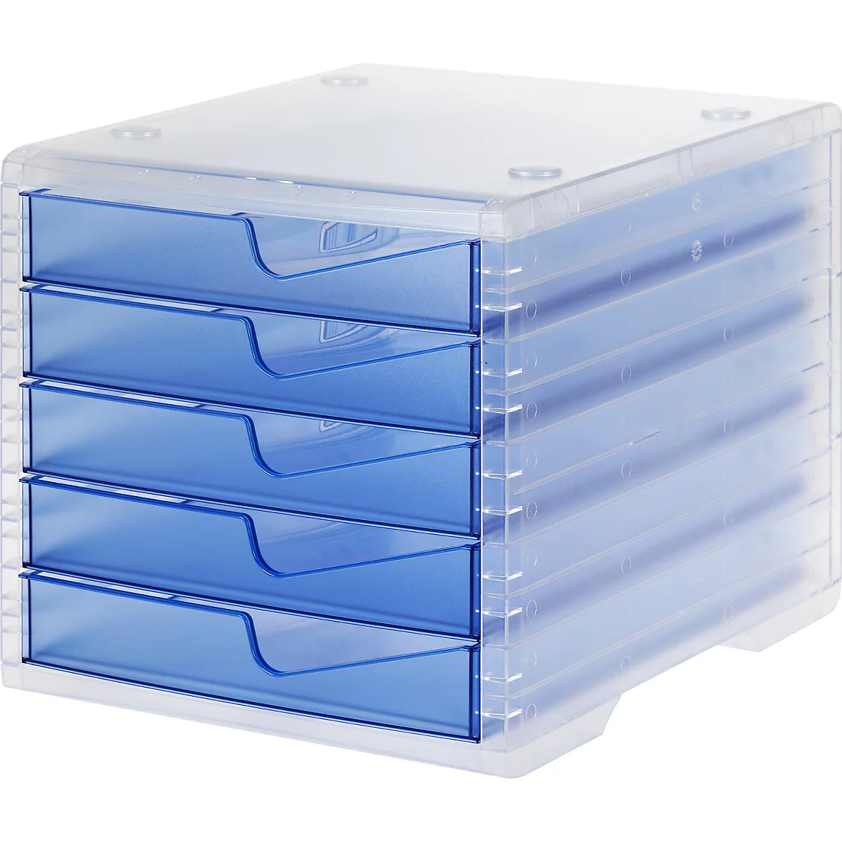 Ladebox styro® styroswing light, 5 laden, uittrekstop &amp; verzonken greep, stapelbaar, B 270 x D 340 x H 255 mm, polystyreen, transparant lichtblauw