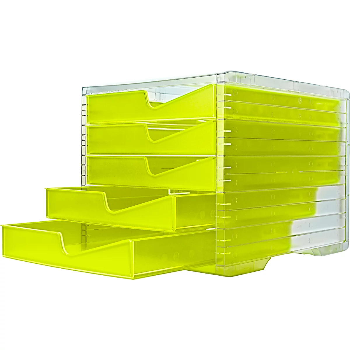 Ladebox styro® styroswing NEONline, 5 laden, uittrekstop &amp; verzonken greep, stapelbaar, B 270 x D 340 x H 255 mm, polystyreen, transparant neongeel