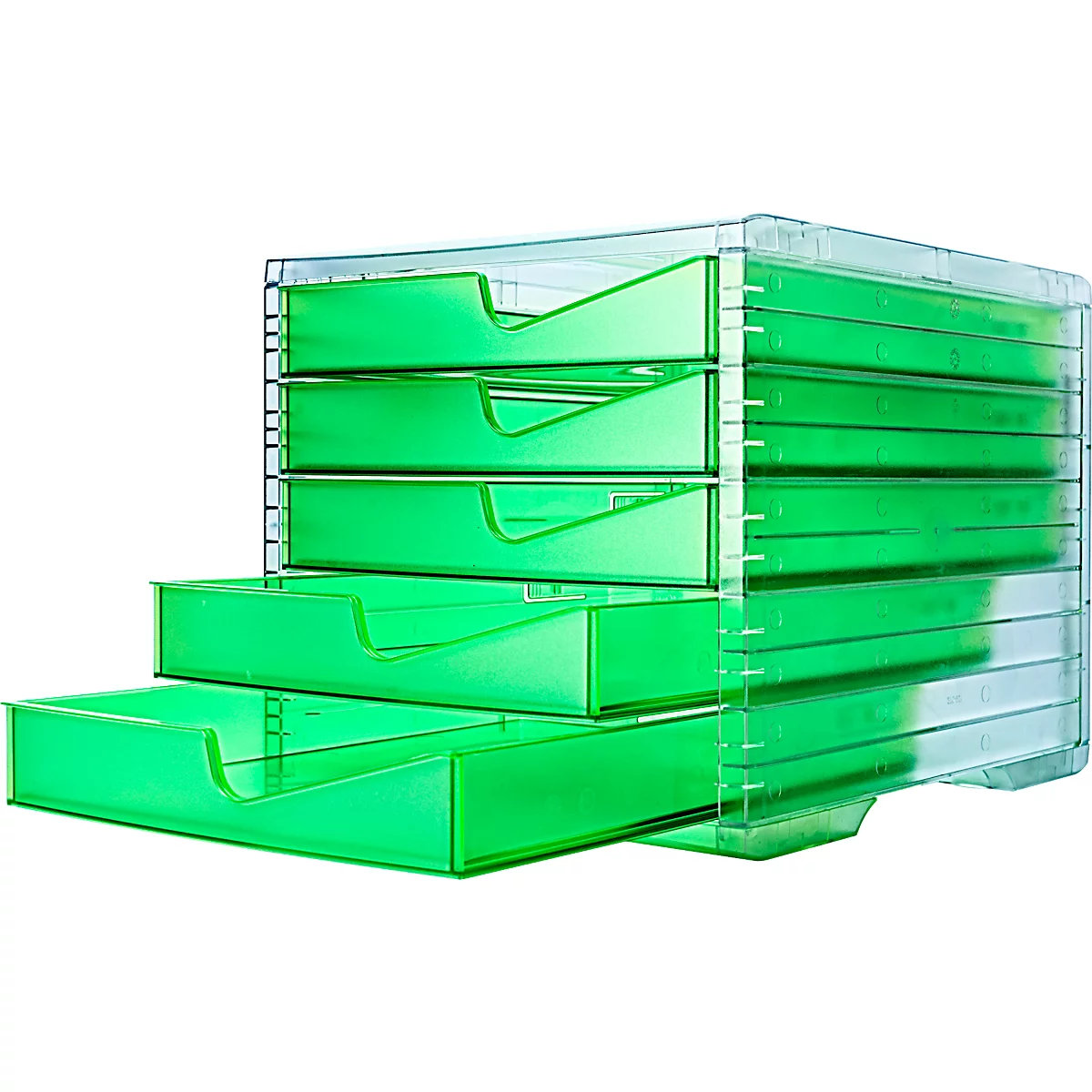 Ladebox styro® styroswing NEONline, 5 laden, uittrekstop &amp; verzonken greep, stapelbaar, B 270 x D 340 x H 255 mm, polystyreen, transparant neongroen