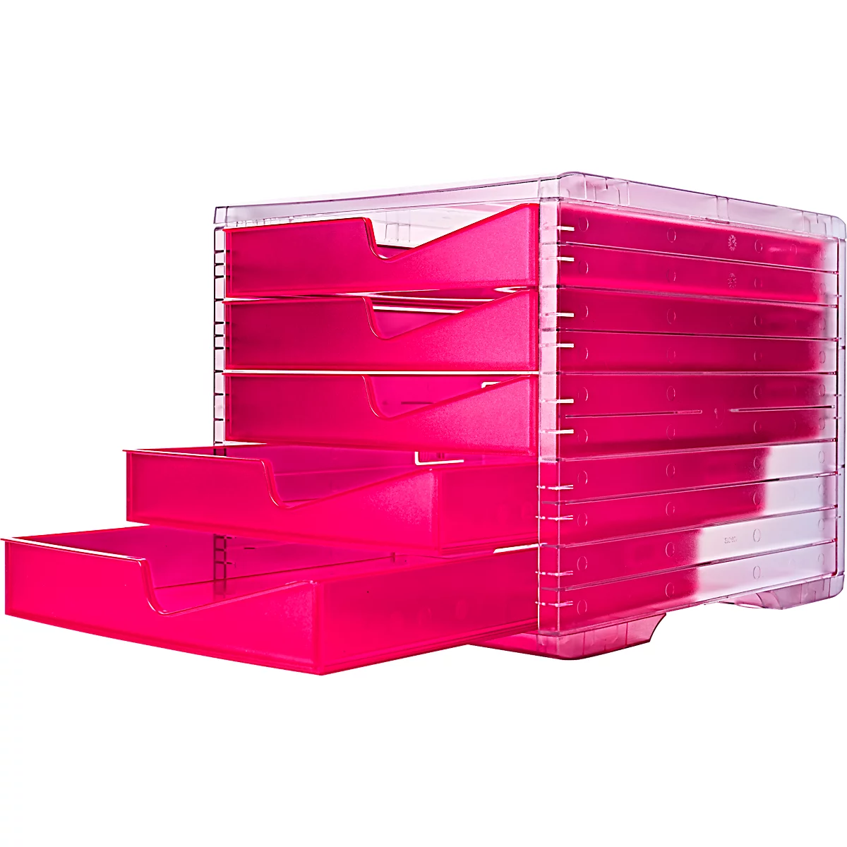 Ladebox styro® styroswing NEONline, 5 laden, uittrekstop &amp; verzonken greep, stapelbaar, B 270 x D 340 x H 255 mm, polystyreen, transparant-neonroze