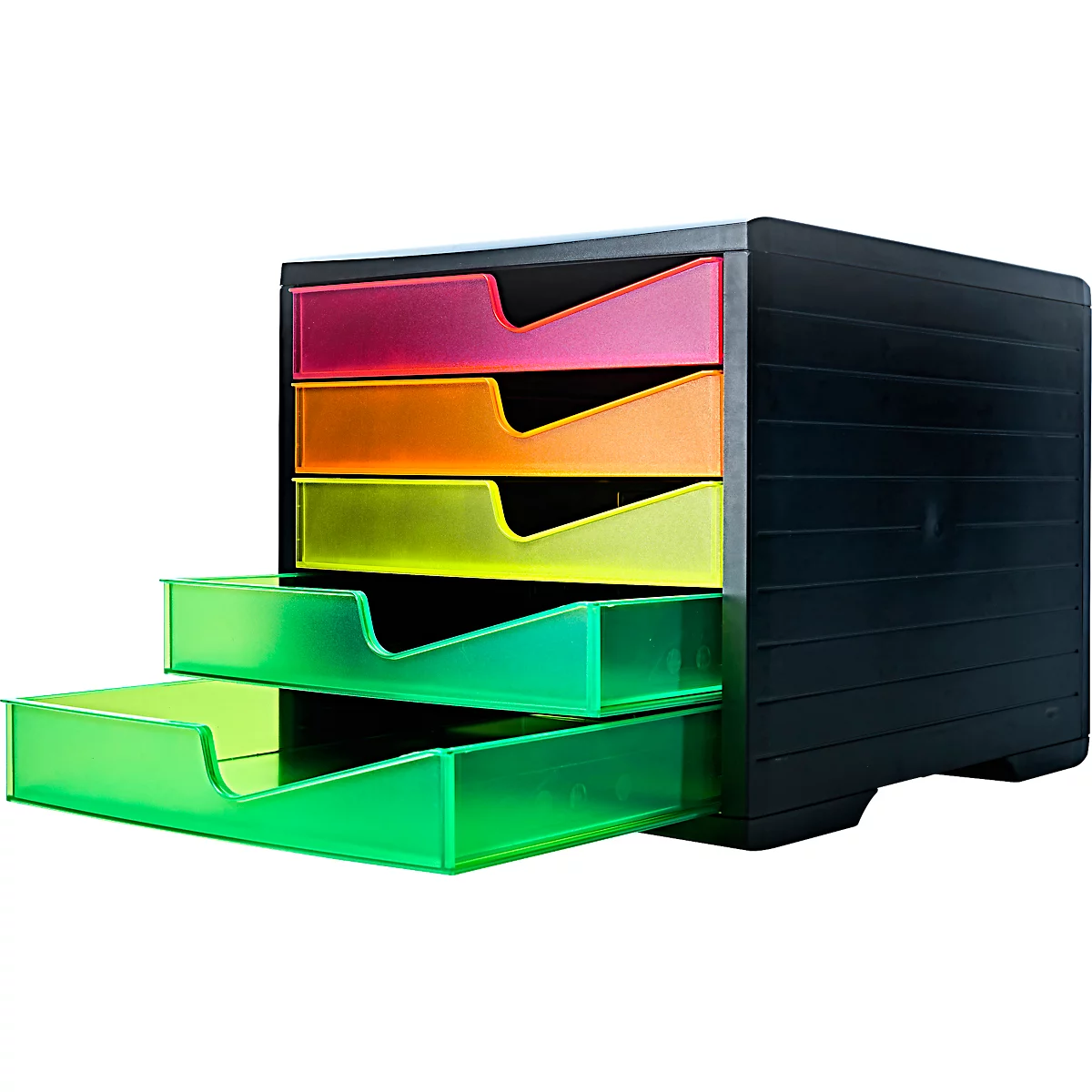 Ladebox styro® styroswing NEONline, 5 laden, uittrekstop &amp; verzonken greep, stapelbaar, B 270 x D 340 x H 255 mm, polystyreen, zwart-multikleurig