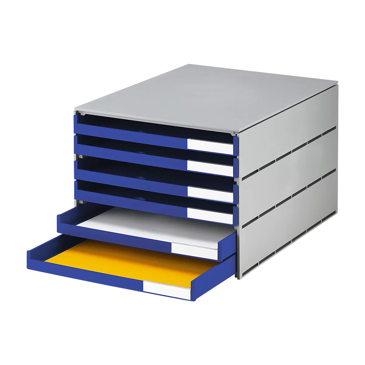 Ladebox Styro Styroval, voor formaten tot C4, 6 open lades, recyclagemateriaal, blauw/grijs
