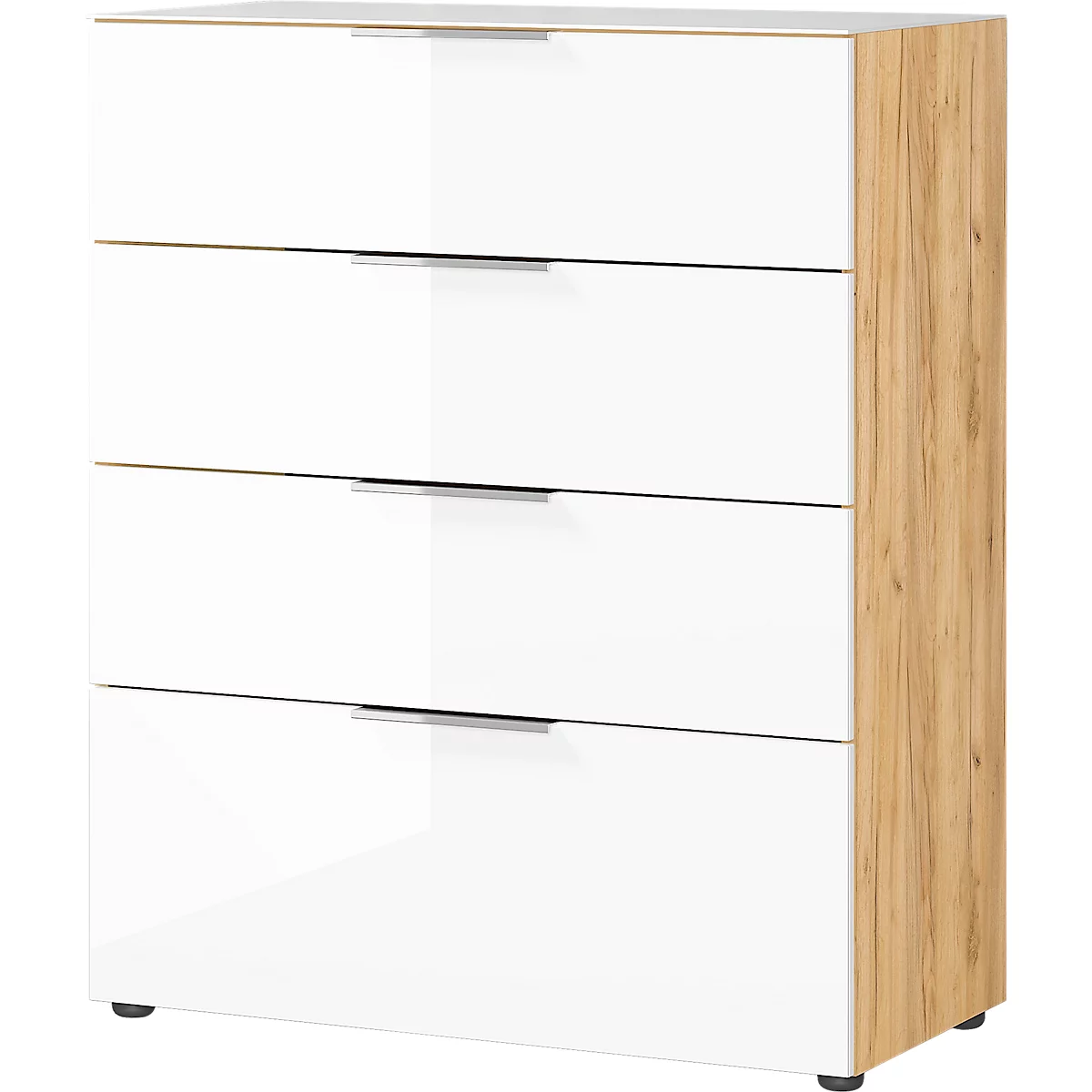 Ladekast, met 4 laden, glazen front en blad, B 830 x D 420 x H 1020 mm, Navarra eik/wit