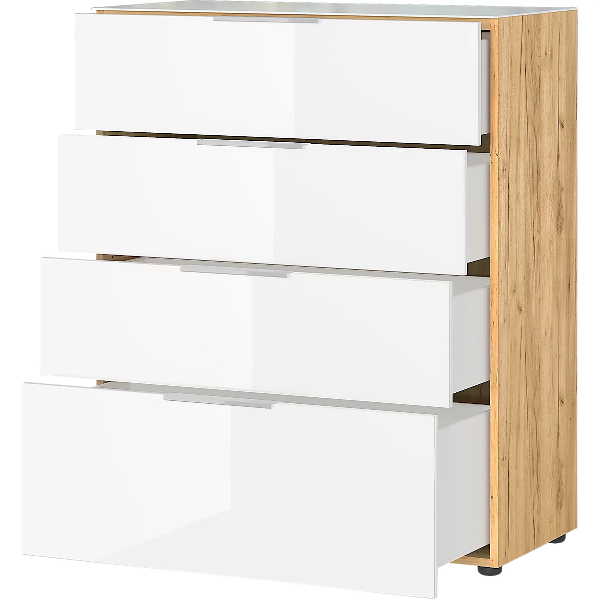Ladekast, met 4 laden, glazen front en blad, B 830 x D 420 x H 1020 mm, Navarra eik/wit