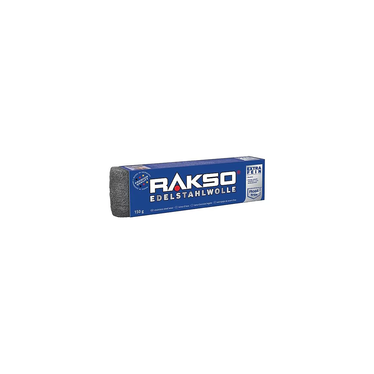 Emballage bleu avec "RAKSO EDELSTAHLWOLLE". Bloc de laine d'acier, logo de la marque et informations sur le produit imprimés.