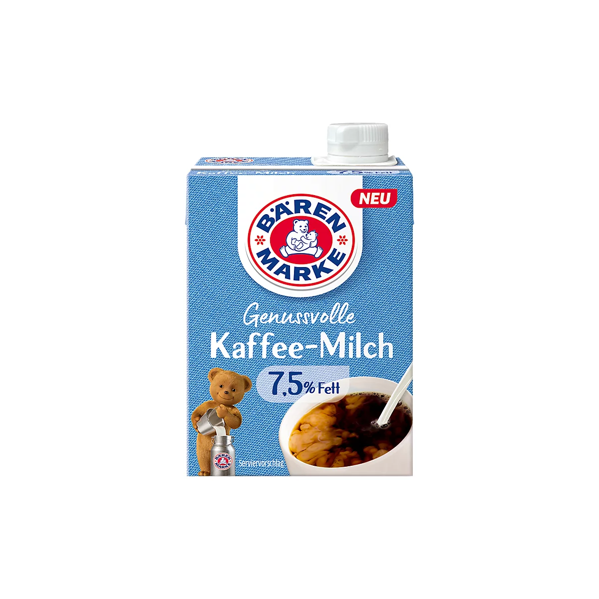 Brique de lait avec le logo "Bärenmarke" et l'inscription "Kaffee-Milch", à côté d'une tasse de café avec du lait. Impression : 7,5% de matières grasses.