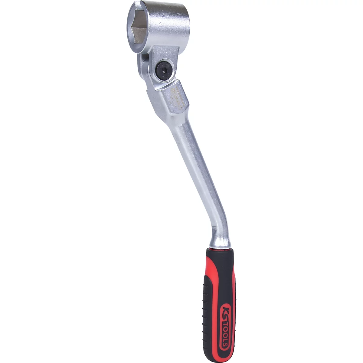 Eine silberne Knarre, gebogen mit einem roten und schwarzen Griff, und einem KS TOOLS-Logo.