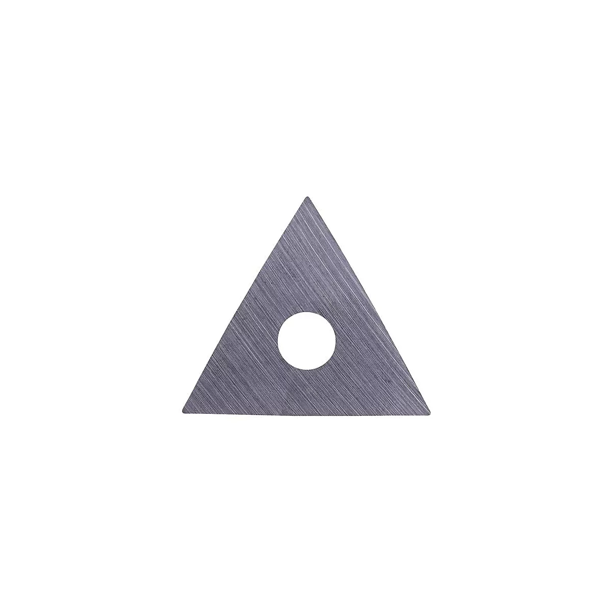 Métal gris triangulaire avec un trou circulaire au milieu. La surface présente un grain fin.
