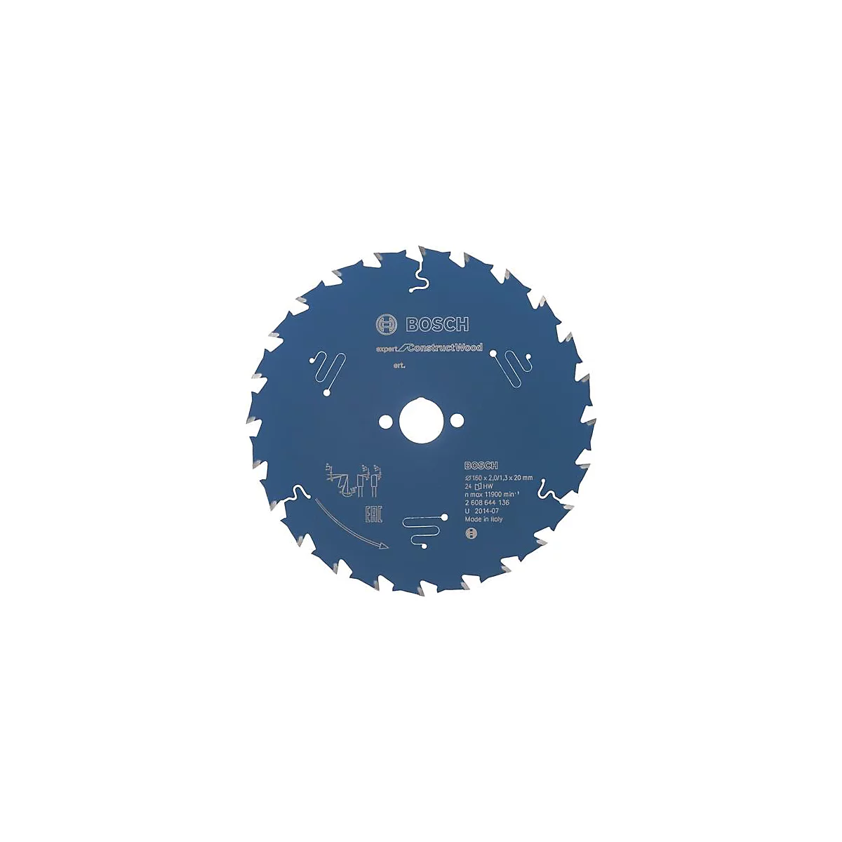 Scie circulaire bleue avec dents. Avec le logo Bosch et les données techniques.