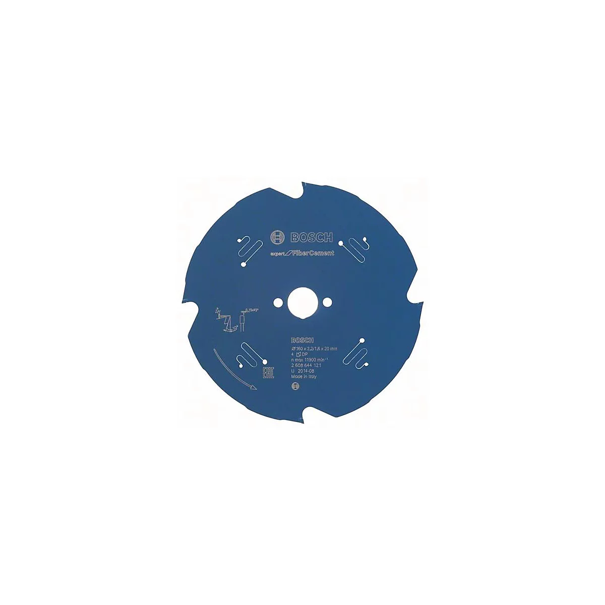 Lame de scie circulaire bleue de Bosch, avec logo et informations sur le produit. Elle a des dents et des motifs géométriques.