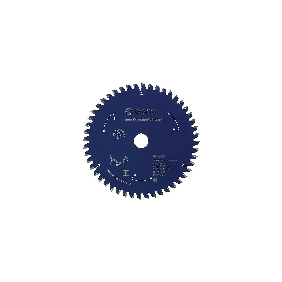 Lame de scie bleue avec dents et logo Bosch. La lame a du texte et le modèle.