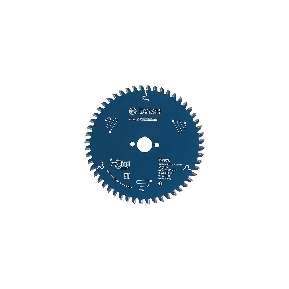 Lame de scie circulaire bleue avec dents, logo Bosch et détails techniques.