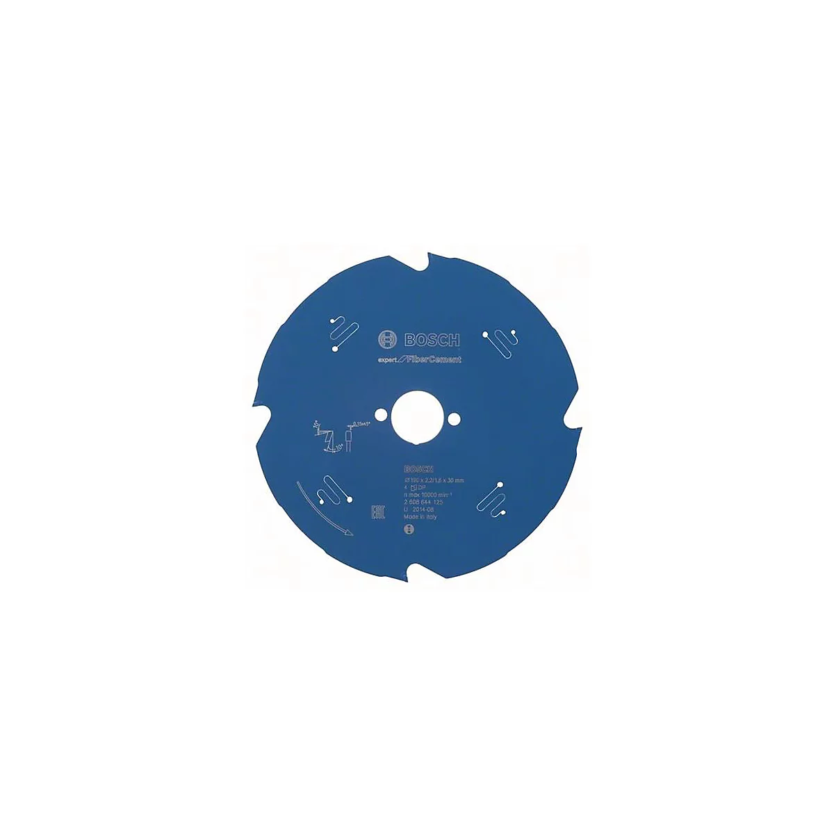 Lame de scie circulaire bleue avec logo du fabricant, texte et découpes.