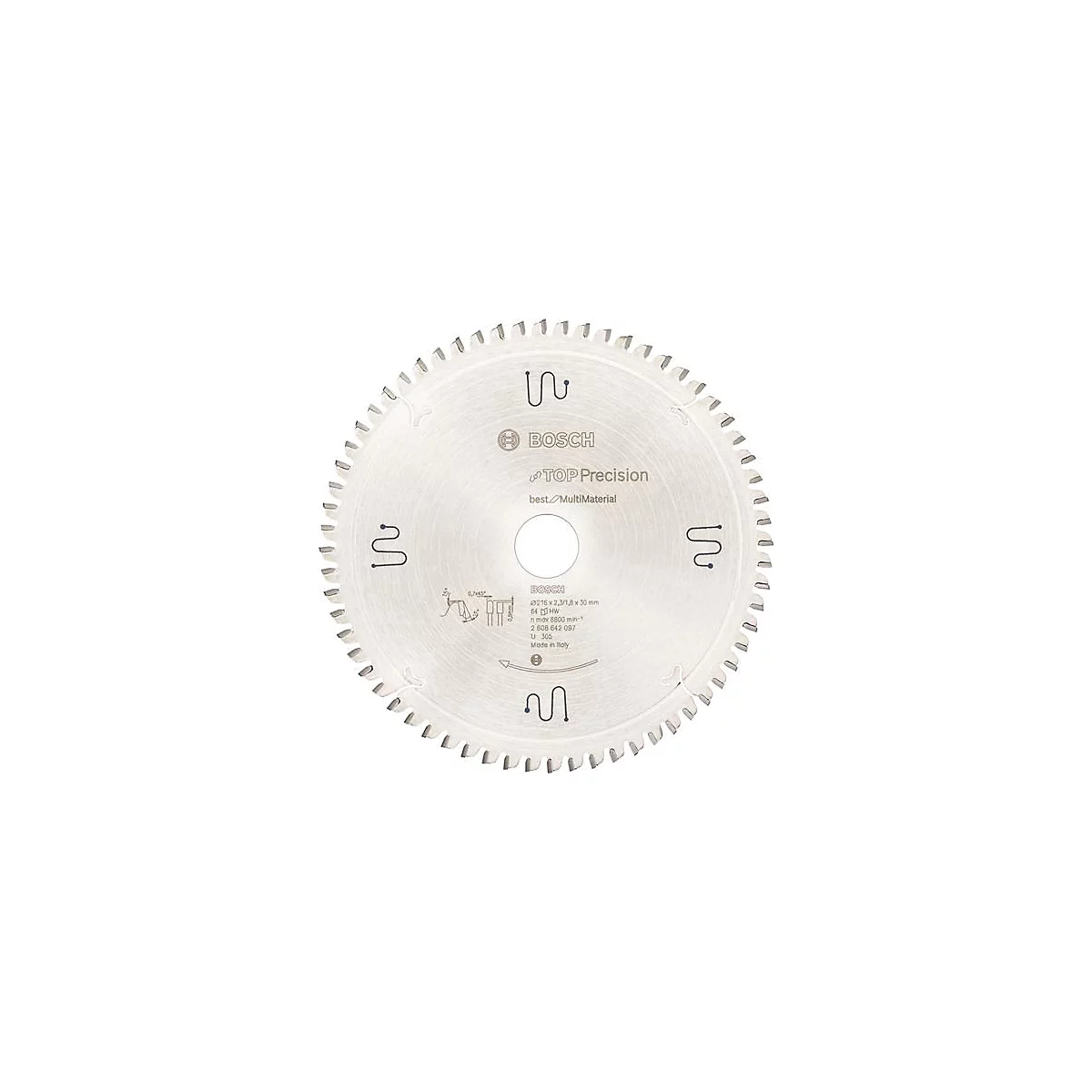 Lame de scie circulaire Bosch. Argentée avec dents, logo Bosch, lettrage Top Precision, données techniques.