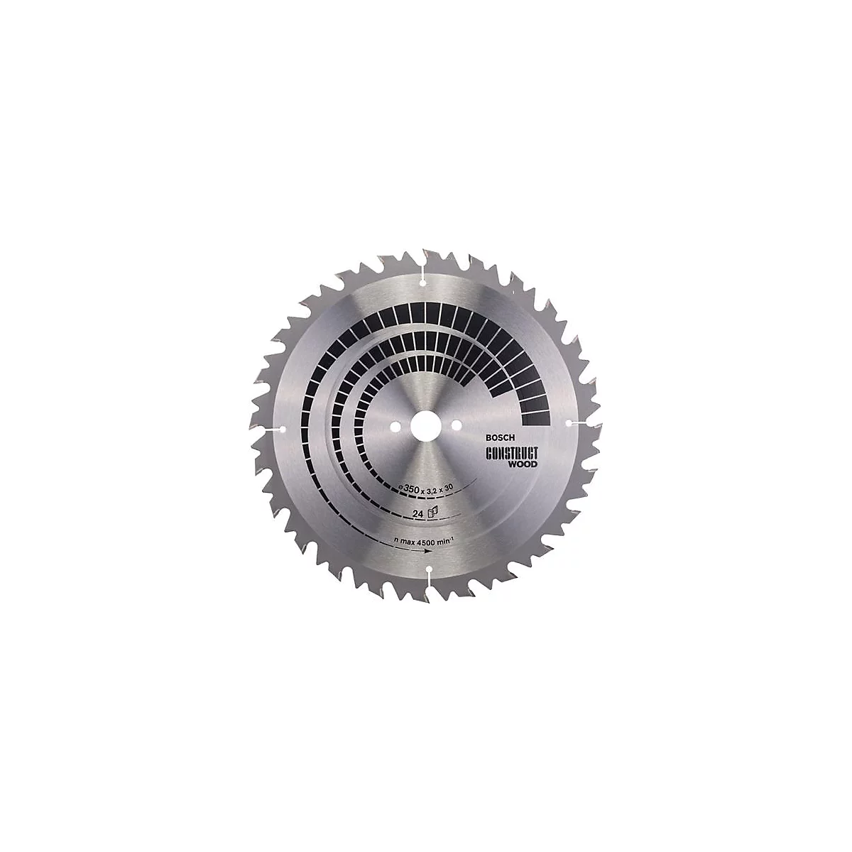 Lame de scie circulaire en métal avec dents, logo et données techniques.