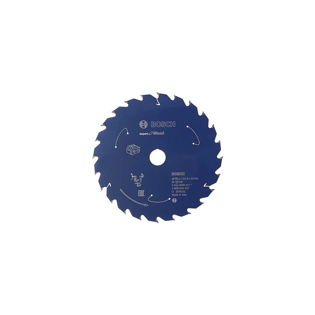 Lame de scie circulaire bleue avec le logo Bosch. Inscription : Expert Wood, 165 x 1,5/1,0 x 20 mm.