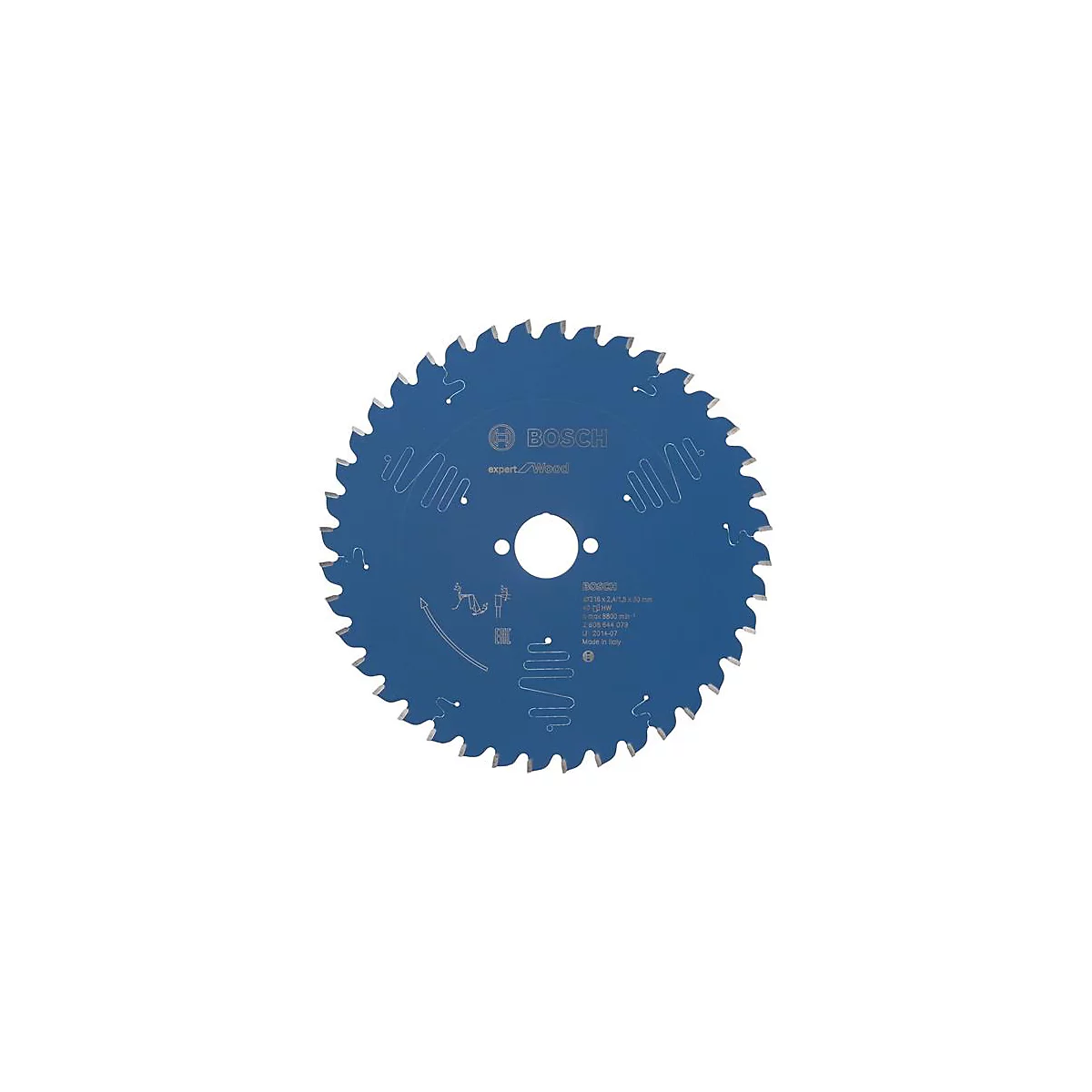 Lame de scie circulaire bleue avec dents, fabricant : Bosch.