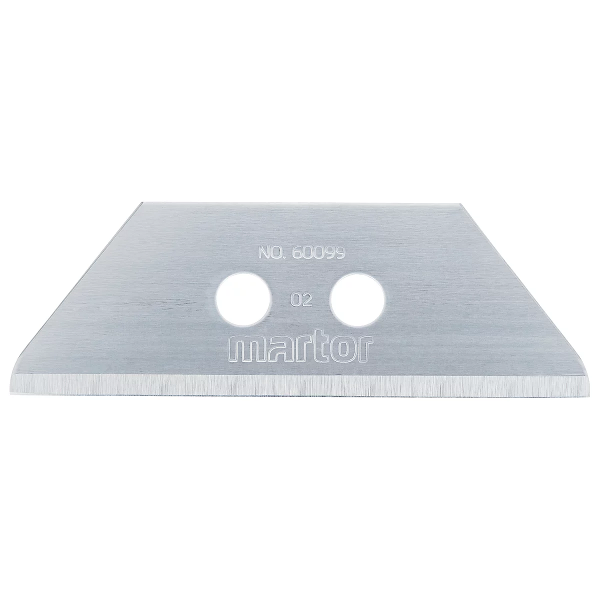 Lame métallique à bord tranchant et trous. Inscription : Martor.
