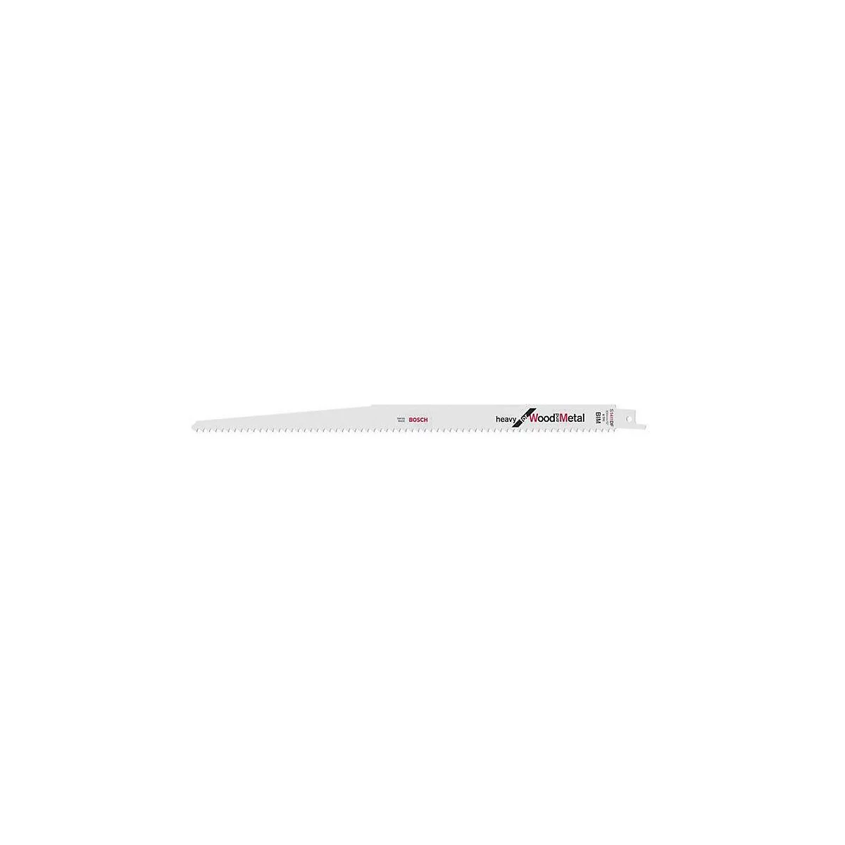 Lame de scie pour bois et métal, blanche avec lettrage noir et rouge, dents sur la face inférieure.