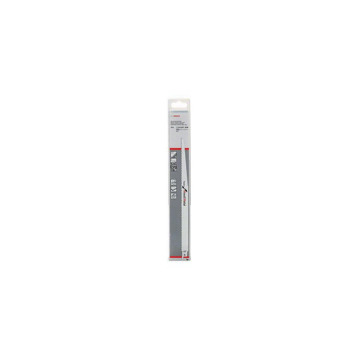 Un emballage de lame de scie alternative. La lame de scie blanche porte l'inscription "FastCut" et des dents. L'emballage est gris, blanc et rouge.