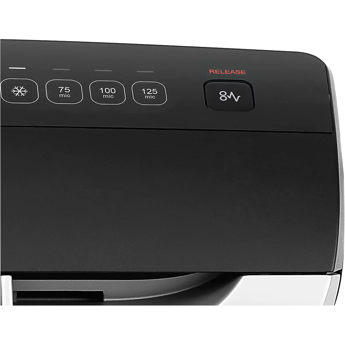 Detailed view of a black device with a control panel. Buttons display symbols and labels such as 'RELEASE' and '8V'.