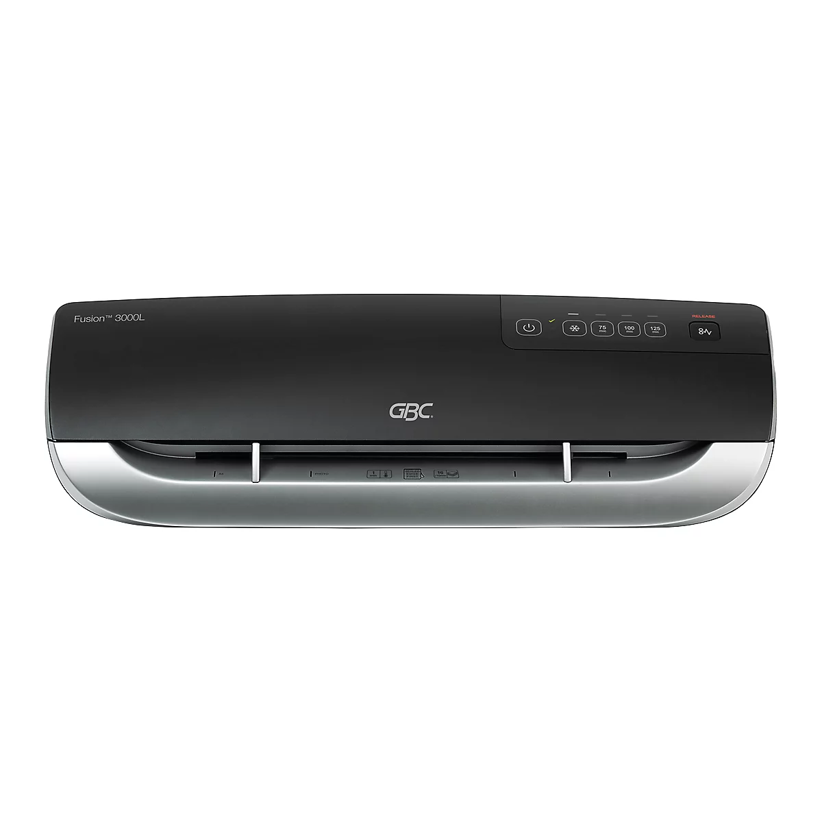 Black laminator with a silver colored base. There is a series of buttons on the top. The text "GBC" can be seen.