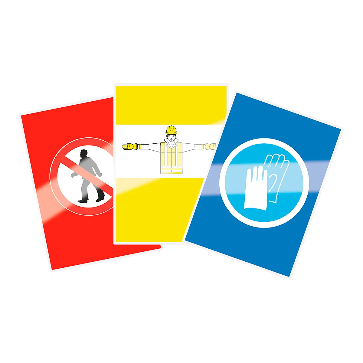 Safety signs: Red, yellow and blue. No entry, protective clothing, hand protection.