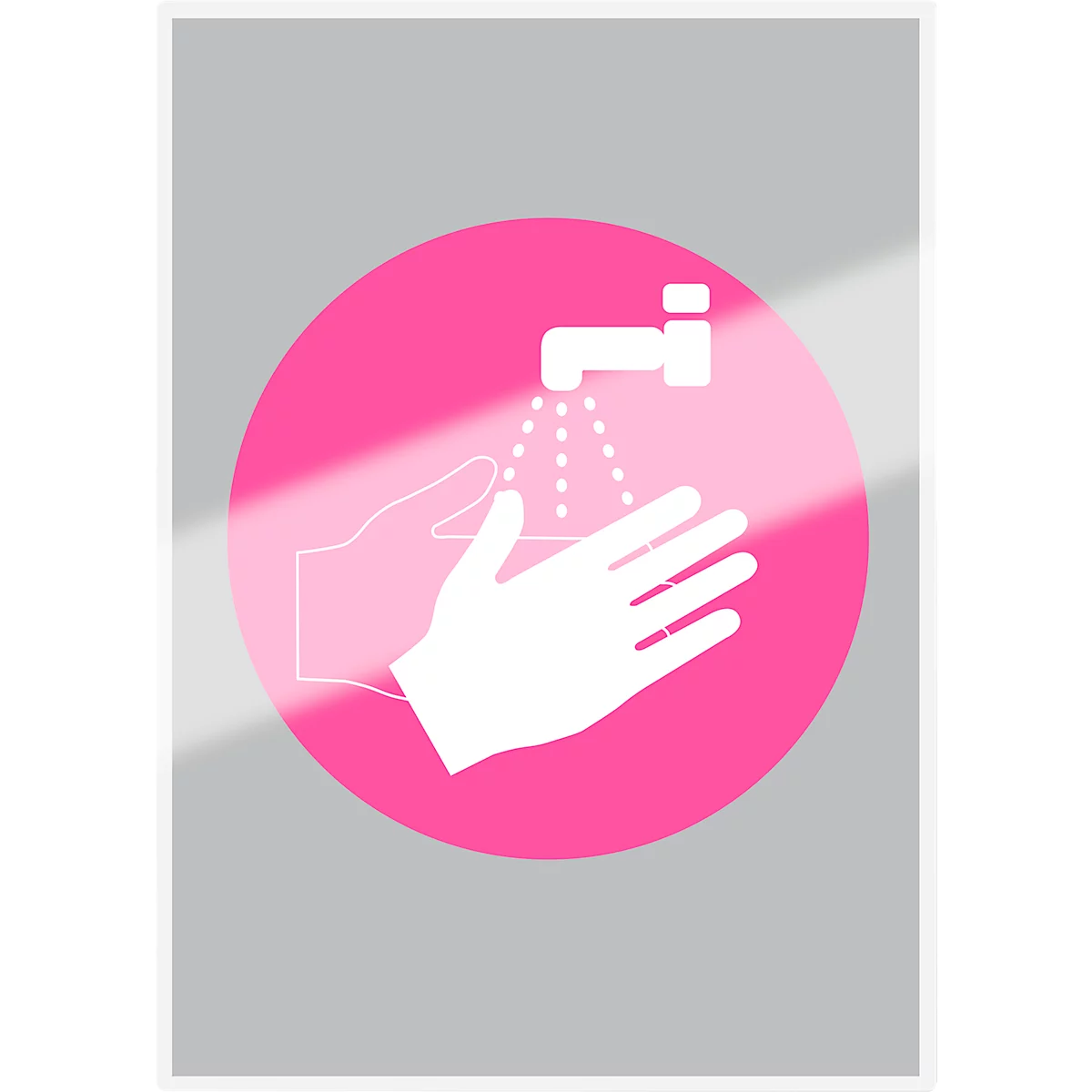 A pink circle featuring a white hand and tap. The water flows onto the hand which is held beneath.