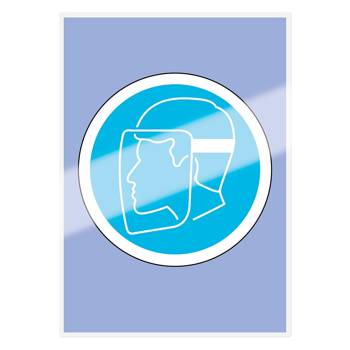 Round sign with a light blue circle. Inside, a white outline drawing of a face with a protective shield. Background light blue.