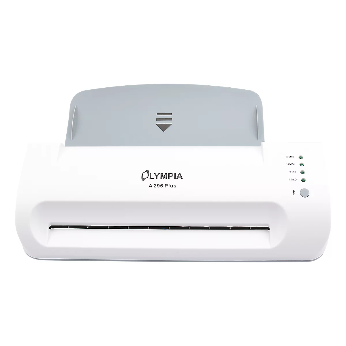 White Olympia A296 Plus laminator. Gray top with arrow symbol. LEDs on the right.